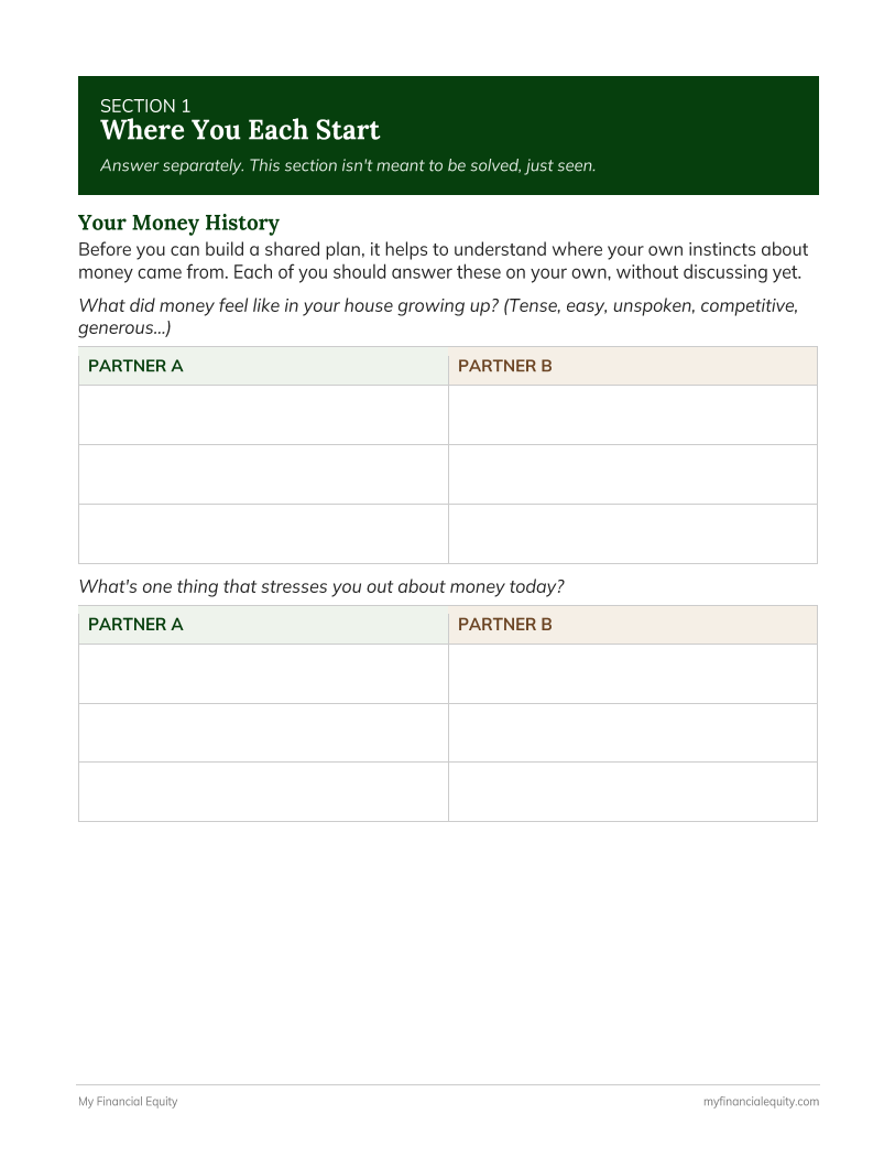 image of section one of our money plan workbook